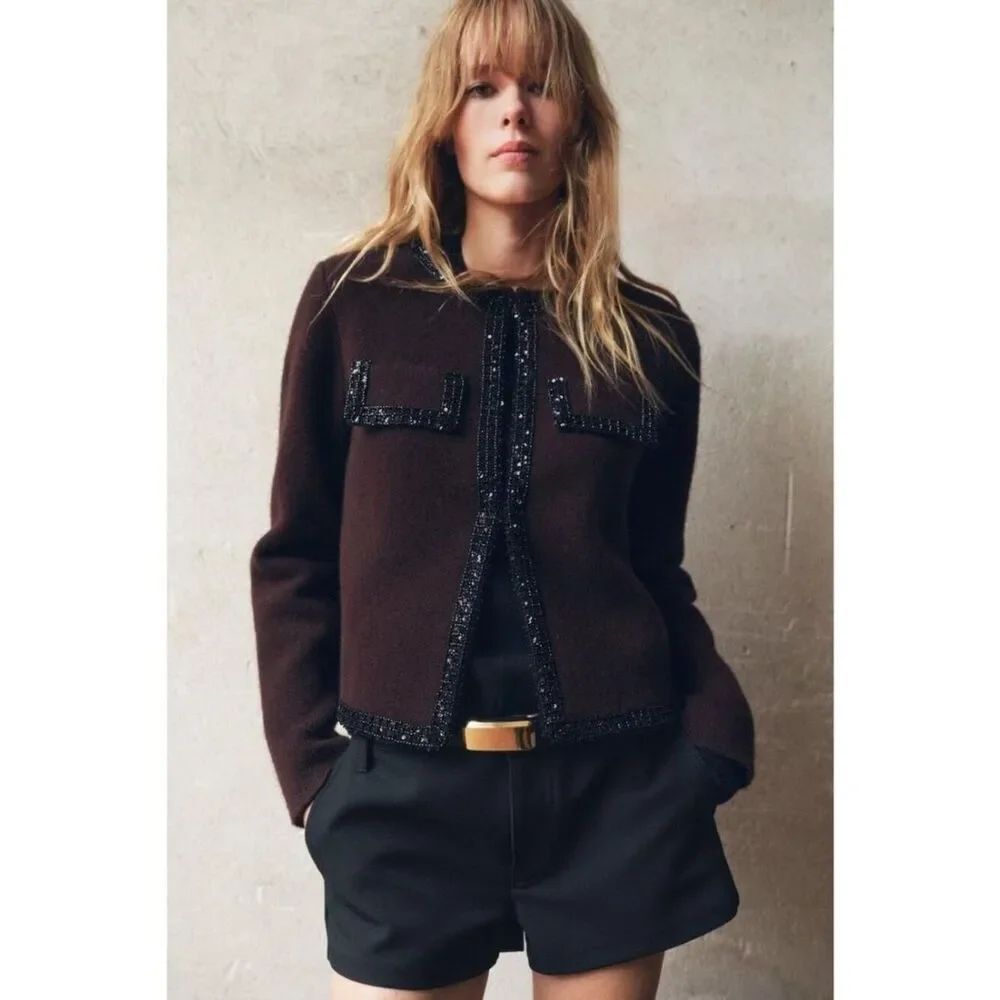 Zara Womens Beaded 100% Wool Cardigan Large Brown Front Pockets 4192/114 NWT